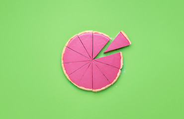 Sliced chocolate pie. Ruby chocolate tart. Pink chocolate mousse