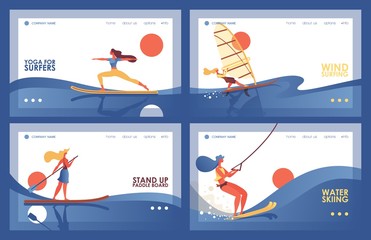 Vector set with four various banners or landing page templates with blue waves and sport women doing board exercises like surfers yoga, water skiing tour, stand up paddle boarding, windsurfing