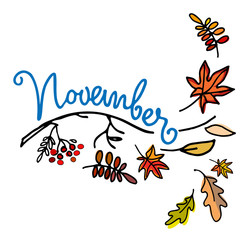 November month logo. Autumn seasonal background. Hand lettering, falling leaves, naked branch. Isolated on white