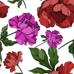 Vector Peony floral botanical flowers. Black and white engraved ink art. Seamless background pattern.