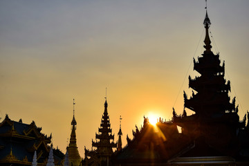 The Shwedagon Pagoda in Yangoon during sunset