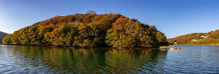 Panoramic of waters meet on the Looe rivers in Autumn colours  