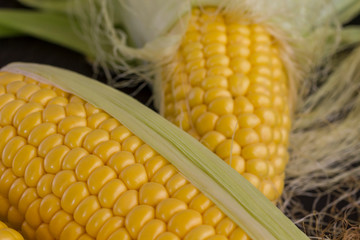 Raw corn with green leaves. Close-up.