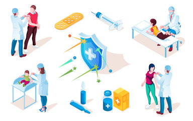 Vaccine poster with syringe and tablet, pills and shield with cross. Kid or child vaccination from flu or polio, influenza disease. Ill prevention and people checkup, injection. Vaccinate, healthcare