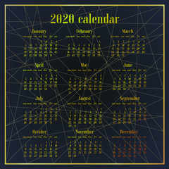 Simply design Desk Calendar of 2020 year template. Week starts on Sunday. Basic type, original grid, vector illustration with beautiful geometric golden background.