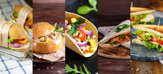 traditional sandwiches. Burger, tacos, hamburger, shawarma. Food collage