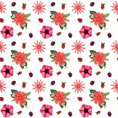 Spring seamless pattern with watercolor flowers and leaves from your garden. Suitable for design, textile, paper and decor.