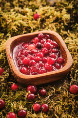 Cranberry jam in a wooden bowl on a background of forest moss.
