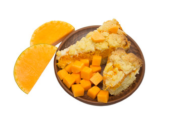 Pumpkin pie isolated on white background, autumn concept, chopped pumpkin