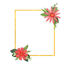 Shiny frame for the design of invitation or greeting cards with watercolor flowers and leaves.