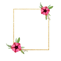 Shiny frame for the design of invitation or greeting cards with watercolor flowers and leaves.