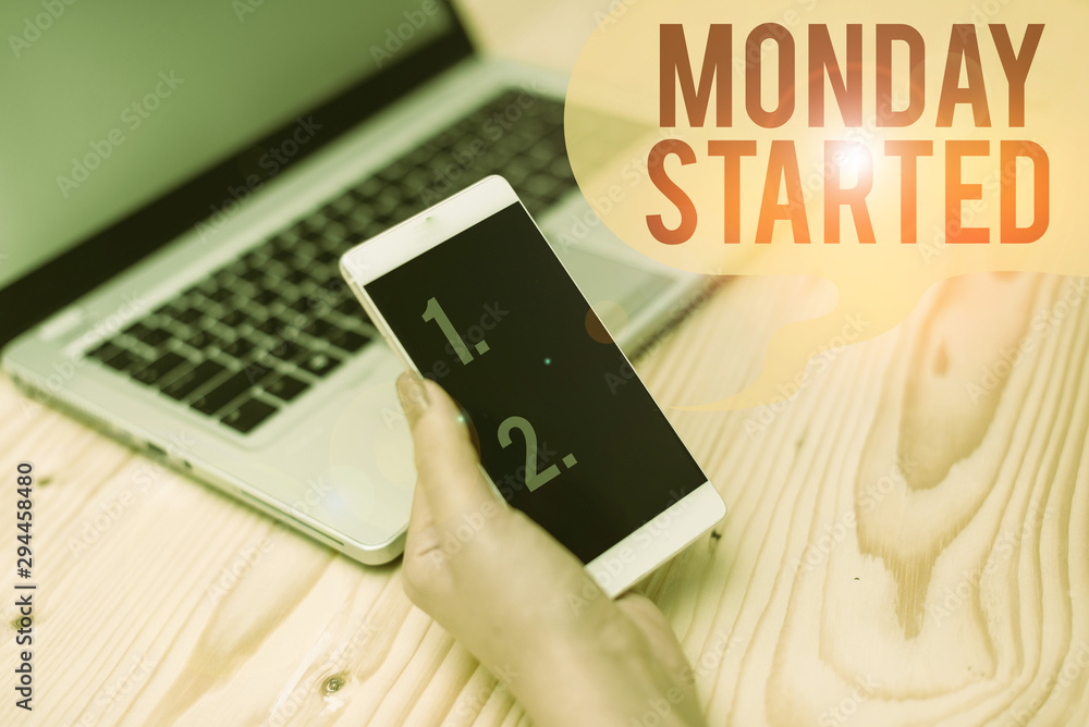 Poster word writing text monday started. business photo showcasing getting ready for new week rest is over 