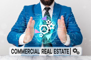 Text sign showing Commercial Real Estate. Business photo showcasing Income Property Building or Land for Business Purpose Male human wear formal work suit presenting presentation using smart device