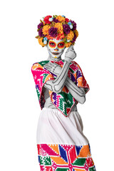 Catrina makeup. Young Mexican woman with typical costume.