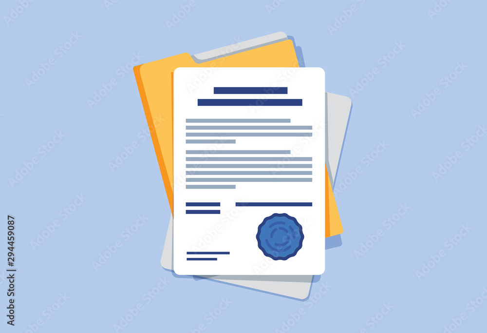 Poster contract or document signing icon. document, folder with stamp and text. contract conditions, resear