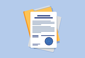 Contract or document signing icon. Document, folder with stamp and text. Contract conditions, research approval - obrazy, fototapety, plakaty