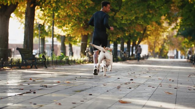 Young African American black man running with his white labrador dog through the park in the city at beautiful autumn morning, slow motion