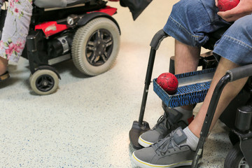 Obraz premium Disabled Boccia player training on a wheelchair