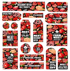 Meat sale tags with sausage, ham, salami, bacon