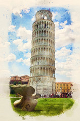  Leaning Tower of Pisa, Italy. Watercolor painting