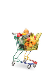 Colorful pushcart with many fruits and veggies