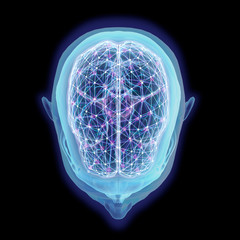 Top View of Human Head and Brain with Network Nodes on Black Background
