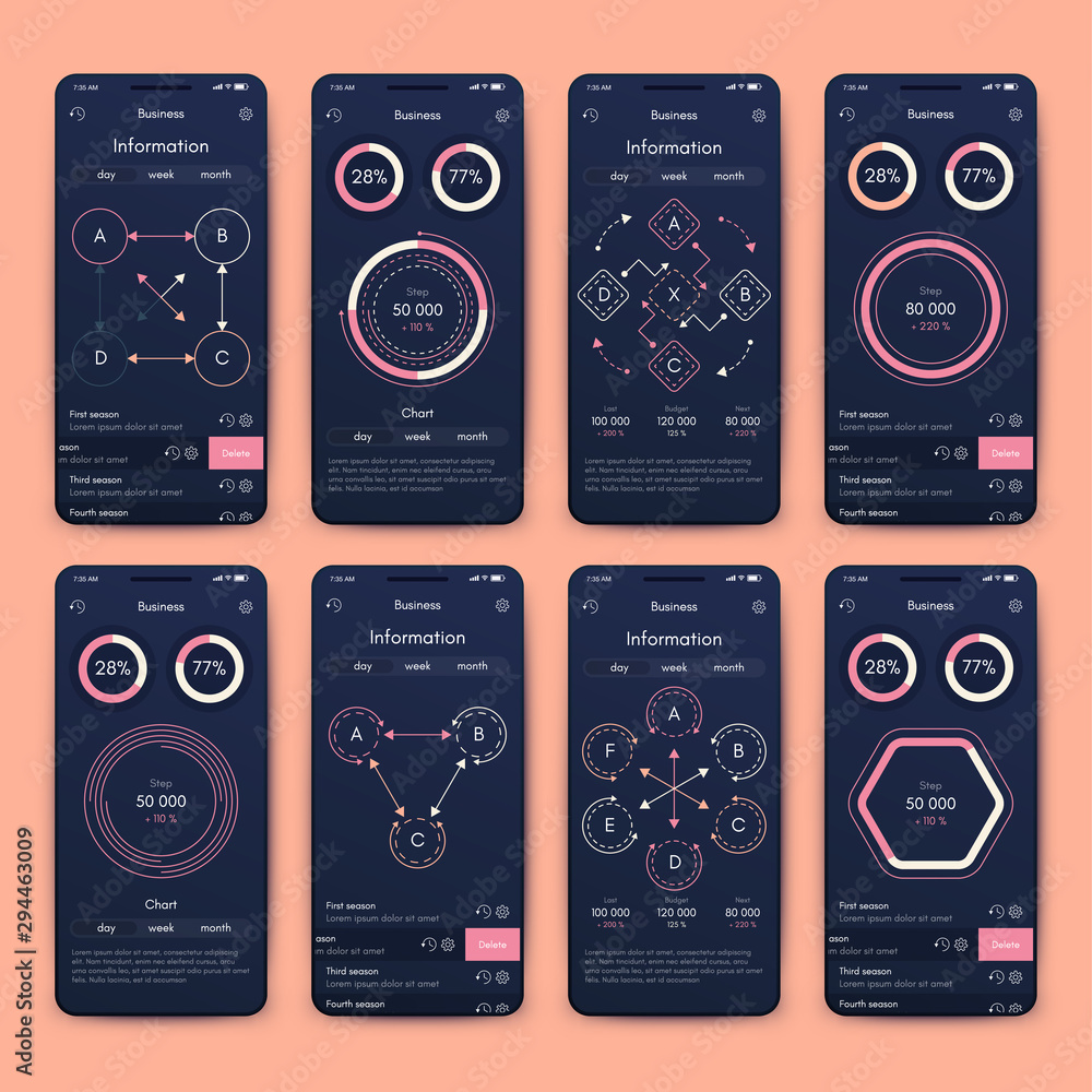 Poster different ui, ux, gui screens and flat web icons for mobile apps