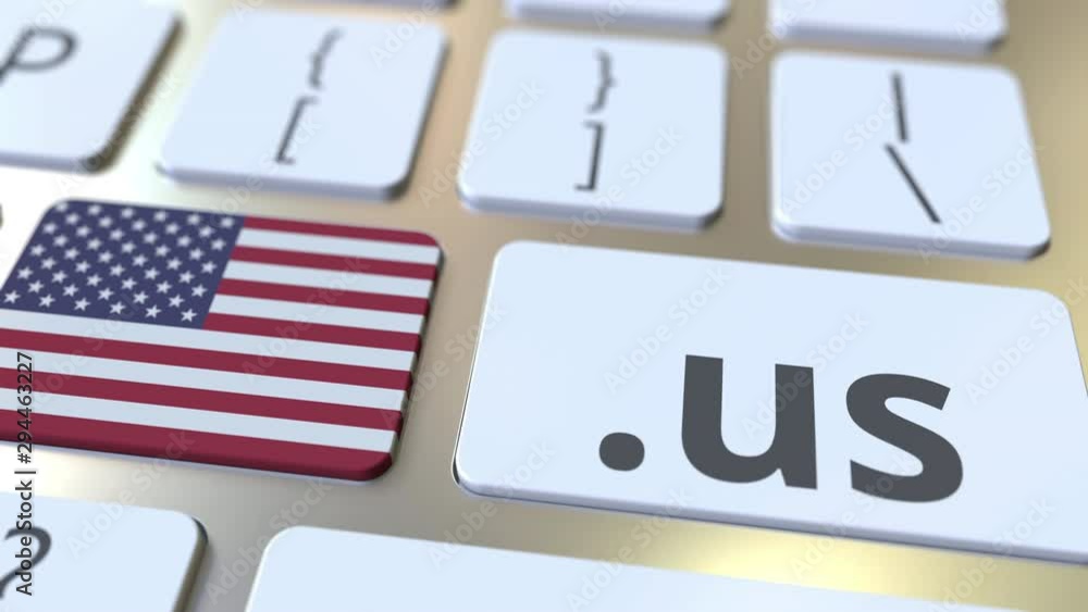 Poster american domain .us and flag of the usa on the buttons on the computer keyboard. national internet r