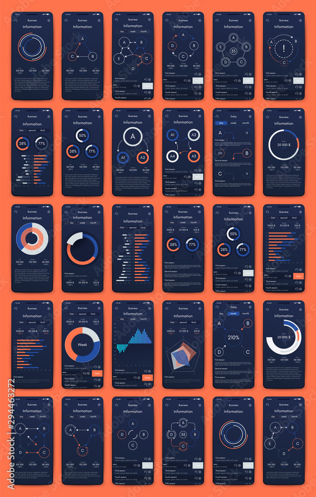 Poster different ui, ux, gui screens and flat web icons for mobile apps