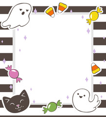 Colorful cartoon horizontal striped Halloween frame with cat, funny ghosts and candies.