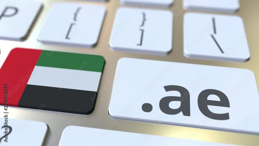Poster domain .ae and flag of uae on the buttons on the computer keyboard. national internet related 3d ani