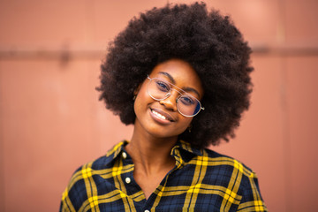 Close up front beautiful young african american woman with glasses