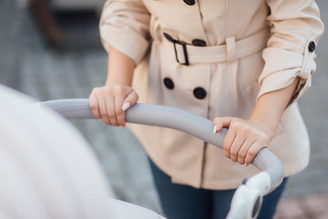Close up photo, woman hands holding baby stroller.
