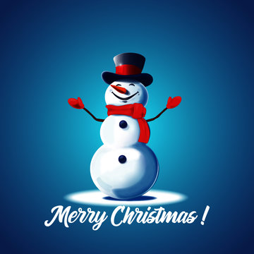  Snowman on a blue background.  Christmas picture. Vector snowman with the words Merry Christmas.