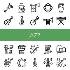 Set of jazz icons such as Trumpet, Guitar, Musician, Tambourine, Conga, Piano, Waltz, Saxophone, Bongo, Foxtrot, Bass guitar , jazz