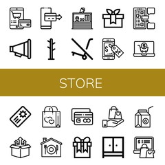Set of store icons such as Shopping cart, Promotion, Online payment, Coat rack, Ice cream shop, No trolley, Gift, Discount, Shopping, Coupon, Box, Bag, Home delivery, Credit card , store