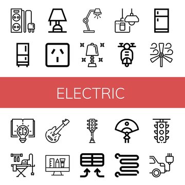 Set Of Electric Icons Such As Power Strip, Fridge, Lighting, Socket, Lamp, Table Lamp, Turn Off, Scooter, Wind Turbine, Creative, Ironing Board, Electric Guitar, Idea , Electric