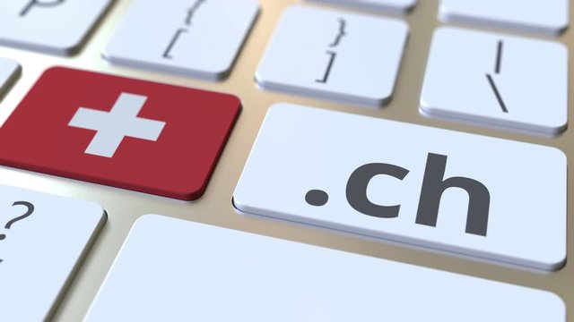 Swiss domain .ch and flag of Switzerland on the buttons on the computer keyboard. National internet related 3D animation