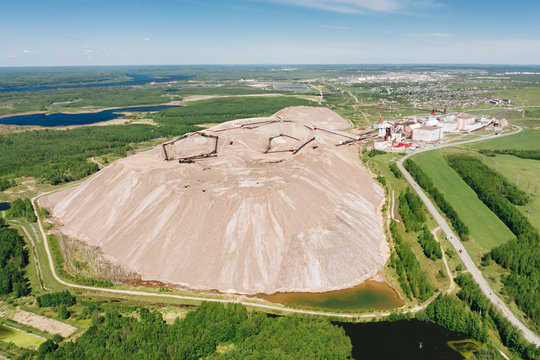 Aerial view of potash mine and factory of potassium chloride production near Solikamsk, Russia. Extracting and processing potash ore and sylvinite ore. Deposit of potassium and magnesium salts