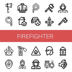 Set of firefighter icons such as Axe, Water hose, Firefighter uniform, House on fire, Car on fire, Hydrant, Firewoman, Firefighter, Fire extinguisher, sign ,