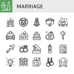 Set of marriage icons such as Wedding, Romantic, In love, Wedding cake, Wedding car, ring, Love, rings, Bouquet, Brides, Vows, Rings , marriage