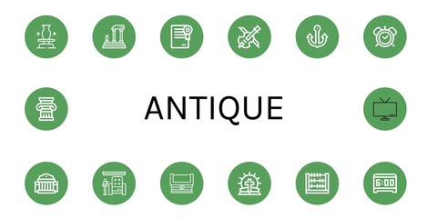 Set of antique icons such as Ceramic, Parthenon, Certificate, Violin, Anchor, Alarm clock, Museum, Armchair, Treasure, Bible, Abacus, Column, Tv , antique