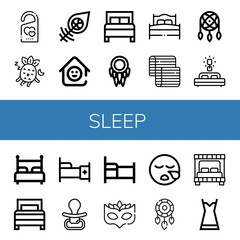 Set of sleep icons such as Do not disturb, Sleeping, Dreamcatcher, Laugh room, Bed, Mattress, Pacifier, Eye mask, Nightgown , sleep