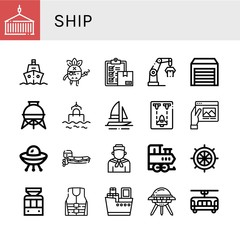Set of ship icons such as Container, Ship, Pirate, Delivery, Crane, Warehouse, Storage tank, Sea, Boat, Spaceship, Travel, Ufo, Motorboat, Sailor, Train, Rudder, Tramway , ship