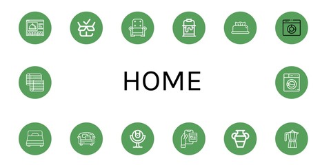 Set of home icons such as Website, Packed, Armchair, Paint bucket, Wipes, Browser, Bed, Sofa, Webcam, Interface, Vase, Moka pot, Mattress, Washing machine , home