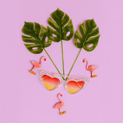  Pink vintage Sunglasses in tropical composition. Minimal fashion flat lay art