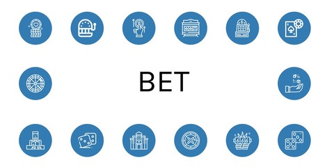 Set of bet icons such as Poker chip, Slot machine, Bet, Gambling, Croupier, Dice, Casino, Roulette, Jackpot , bet