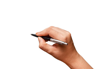 Close-up Female hand writing with a pen, black pen in hand, isolated on white background. File...