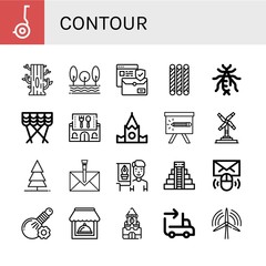 Set of contour icons such as Segway, Tree, Email, Grissini, Earwig, Curtain, Restaurant, Kremlin, Pencil, Wind turbine, Envelope, Graphic designer, Mayan pyramid, Herbal , contour