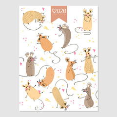 Calendar 2020. Cute monthly calendar with rat. Hand drawn style characters. Year of the rat..